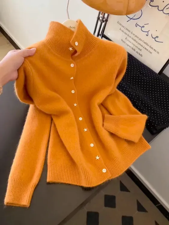 时尚慵懒风橘黄色小香风高领开衫毛衣女秋冬季新款软糯糯保暖上衣