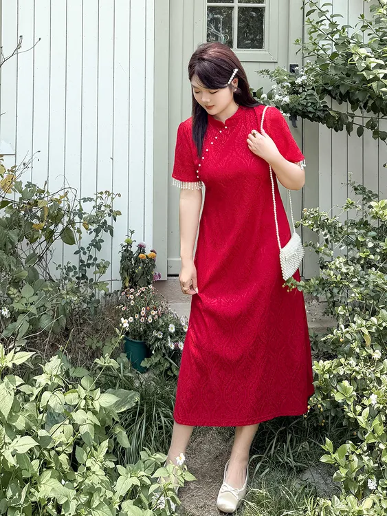 新中式国风提花旗袍裙夏季新褶皱遮肚子订婚结婚领证旗袍大码旗袍