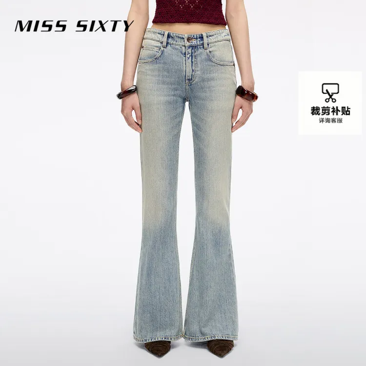 Miss Sixty2025秋季新款牛仔裤女刺绣中腰复古洗水微喇叭长裤