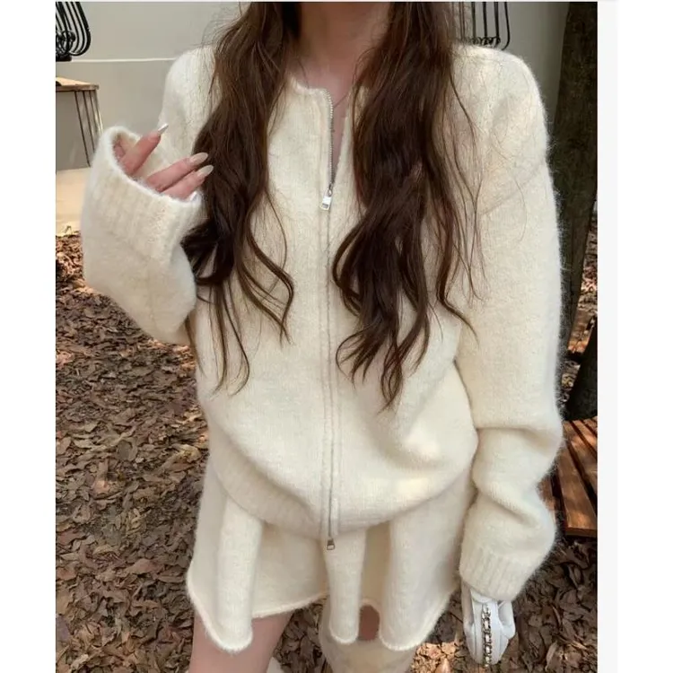 韩版爆款女套装宽松显瘦百搭休闲韩范拉链针织开衫半裙套装26376