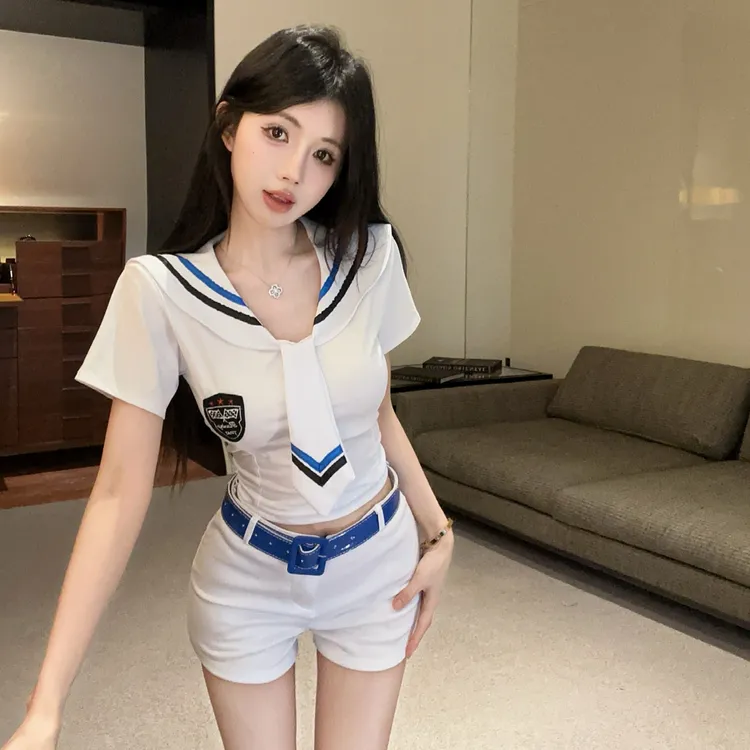 辣妹纯欲风日系海军领水手服修身短袖上衣夏季高腰短裤JK制服套装