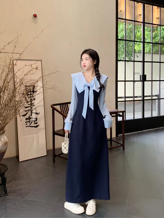 大码女装法式早秋显瘦气质假两件长款连衣裙微胖MM连衣裙穿搭拼接