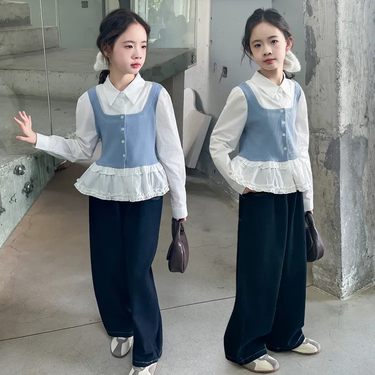 女童2025新款秋装中大童衬衫女孩中大童假两件上衣儿童秋季外穿潮