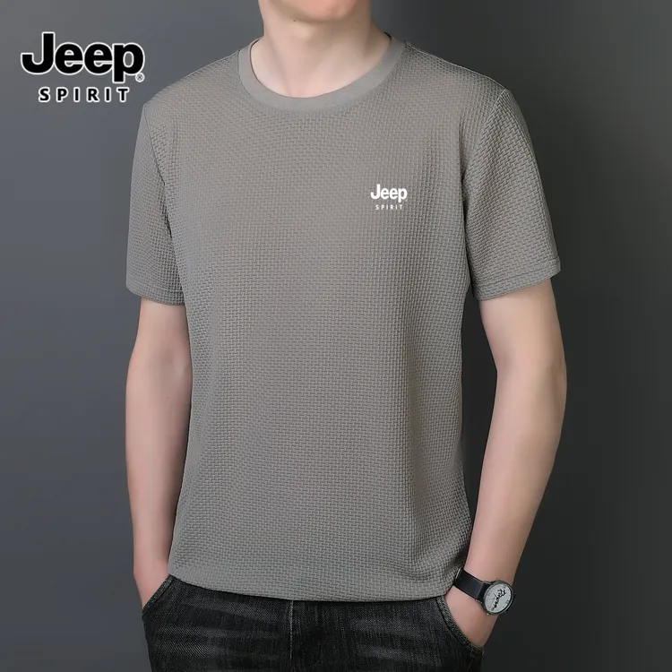 Jeep spirit吉普夏季新款提花冰丝短袖男士速干短t冰感无痕抗皱