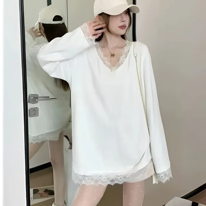 蕾丝花边拼接V领长袖打底衫T恤女2025春季新款宽松慵懒休闲上衣潮