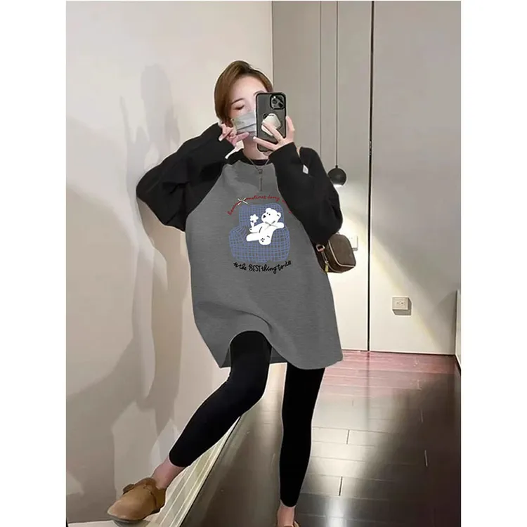 搭配鲨鱼裤撞色磨毛长袖t恤女2025春秋冬季中长款加厚打底衫上衣