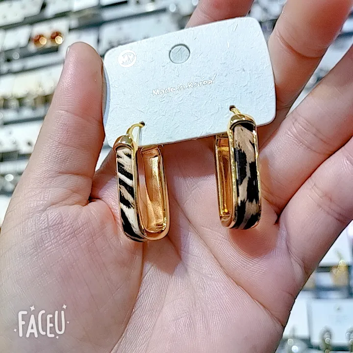 不锈钢树脂耳饰 圈圈耳饰百搭金色豹纹耳环卡其色欧美休闲风耳坠