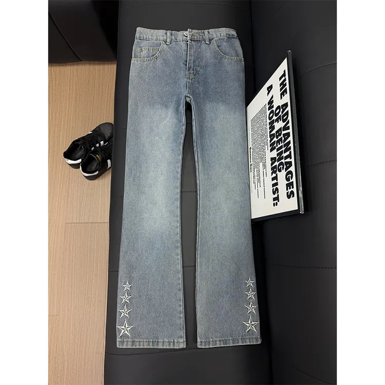 蓝色五角星刺绣牛仔裤男款美式高街vibe裤子直筒修身显腿长微喇裤