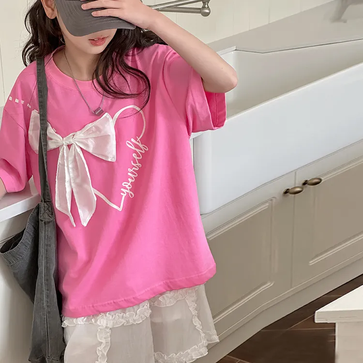 K25974立体设计女童2025夏装新款短袖T恤儿童休闲上衣洋气打底衣t