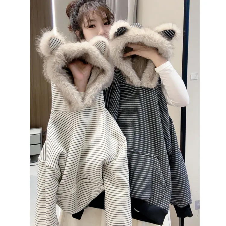 【清货专属价】2025冬季新款条纹连帽加绒卫衣慵懒宽松儿童保暖外套