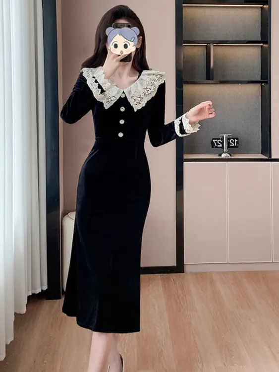 赫本风法式黑色长袖秋冬新款连衣裙女高级感气质娃娃领鱼尾打底裙