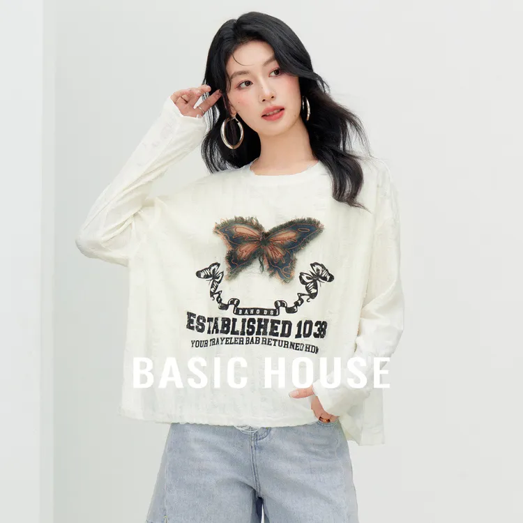 Basic House/百家好夏蝴蝶印花圆领老钱风松弛感女装-B0625B58392