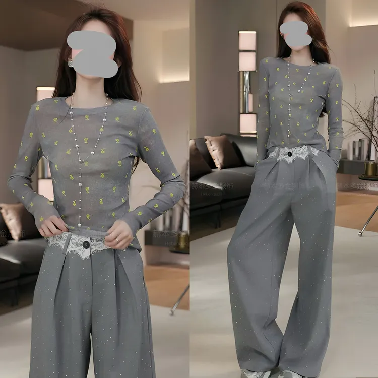 2025夏季时尚设计感薄款微透防晒长袖上衣显瘦百搭休闲裤气质套装