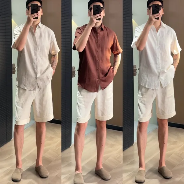 8211男士夏季老钱风半袖亚麻衬衣高级简约百搭