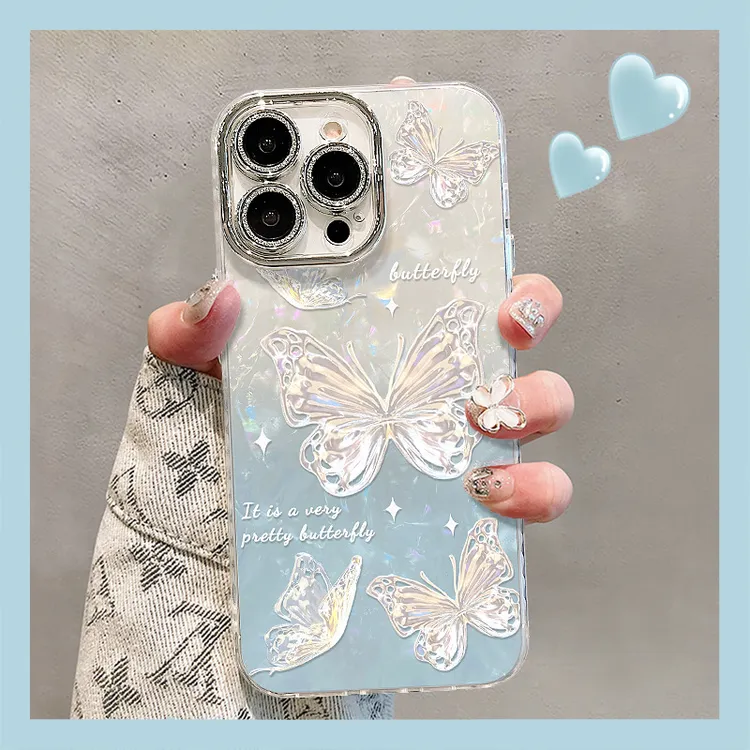 适用苹果15透明手机壳夏天iphone14渐变蝴蝶12贝壳纹带镜头膜高级