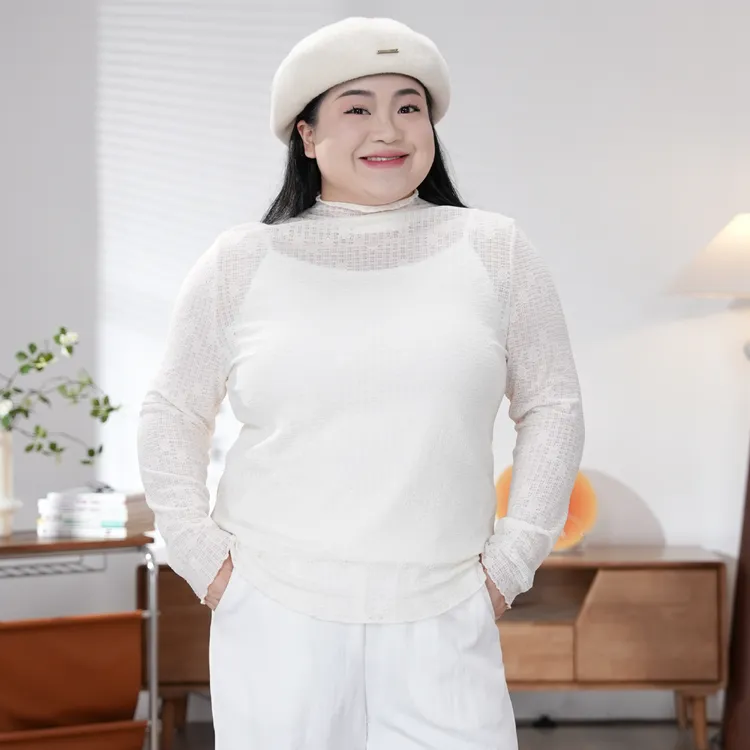 福饮沸别【优雅时光】大码胖mm两色休闲百搭春款蕾丝打底衫2046