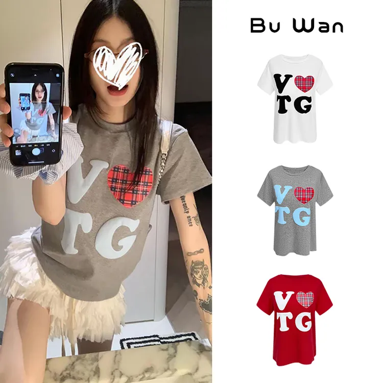 夏季美式复古爱心字母印花圆领短袖T恤情侣宽松休闲外穿上衣3491