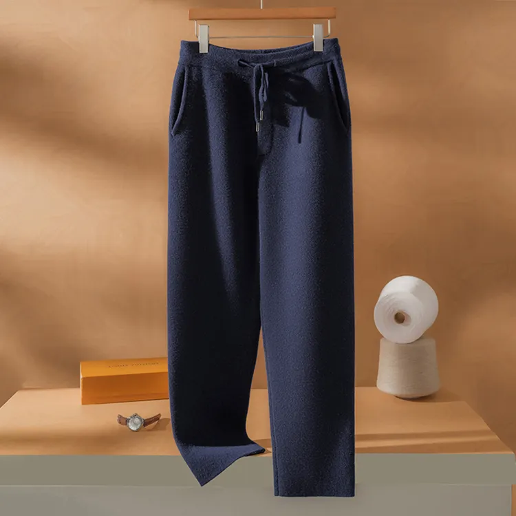 100%纯山羊绒直筒裤男士空气层加厚高腰休闲裤纯羊绒针织裤子 640