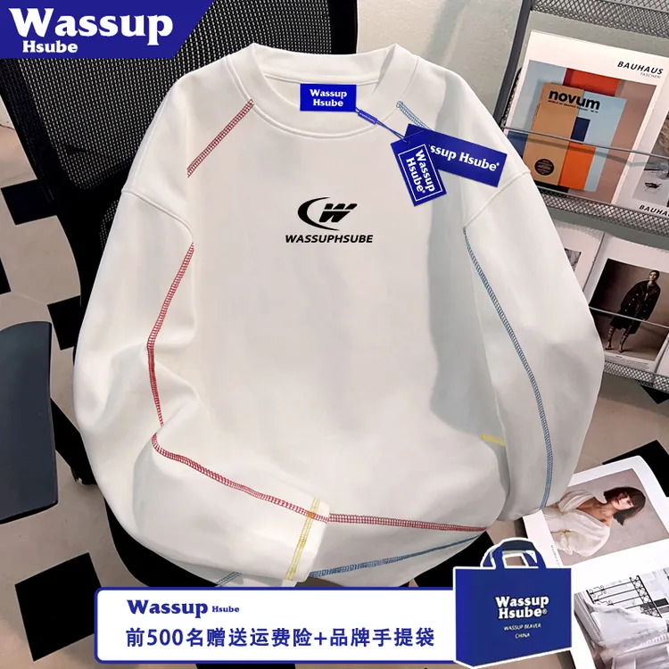 WASSUP HSUBE秋季男女100%棉长袖原创字母印花T恤ins拉线白色上衣