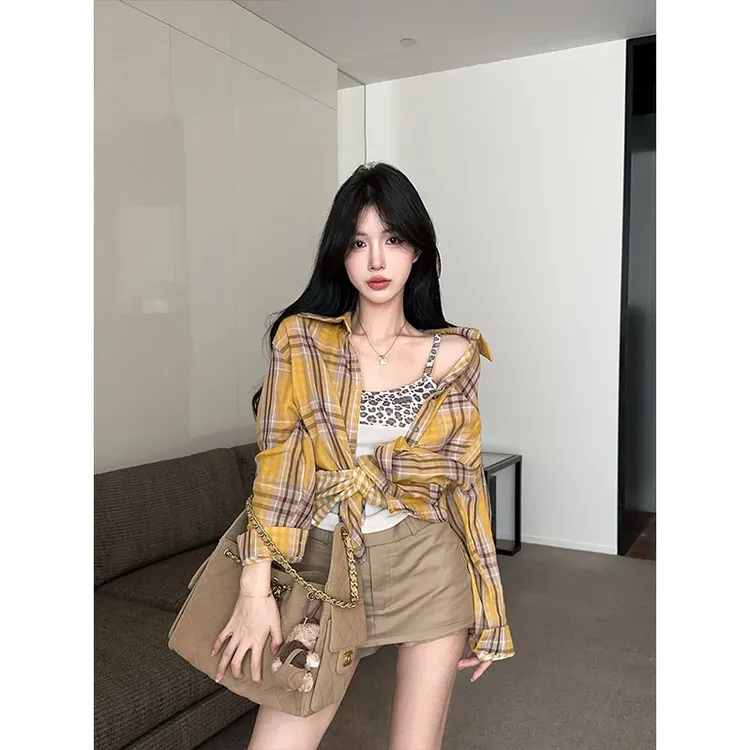 韩版辣妹风豹纹拼接吊带背心复古格纹宽松衬衫显瘦半身裙裤三件套