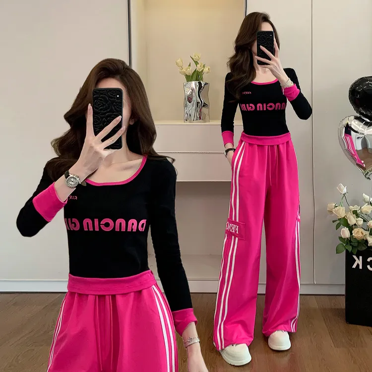 2025秋季时尚休闲套装春秋长袖宽松撞色洋气高腰网红