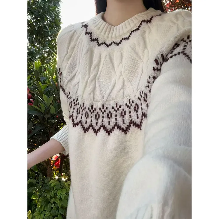 费尔岛圆领针织毛衣男慵懒风宽松设计感秋冬套头绞花保暖针织衫