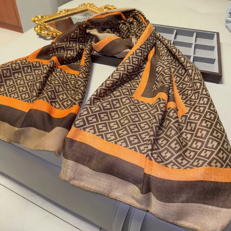 欧美高品质棉麻双面菱形格经典轻奢四季百搭橙咖色围巾披肩