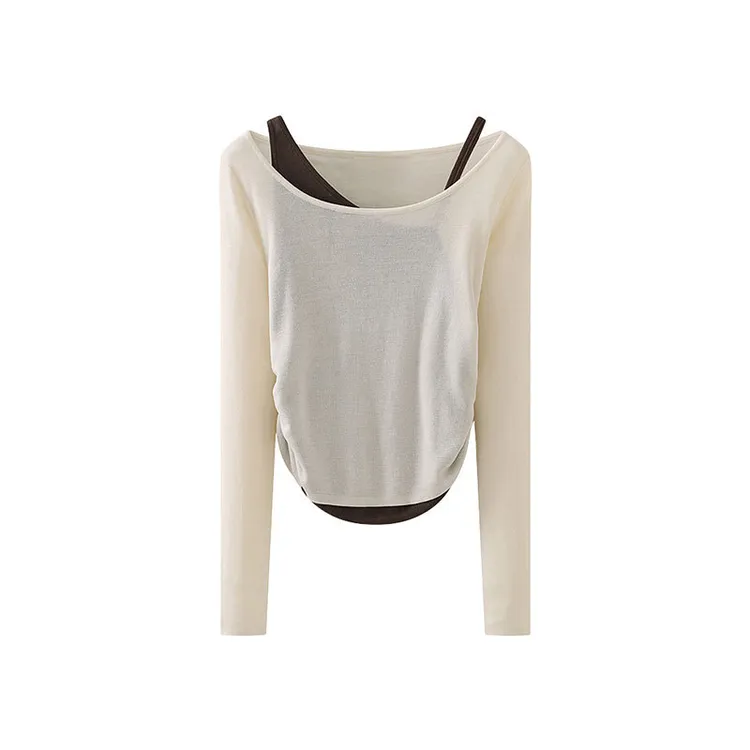 撞色不规则吊带假两件长袖针织衫女修身上衣