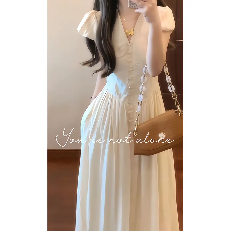 【典雅少女】法式v领新款连衣裙高级感独特漂亮超好看修身收腰长裙