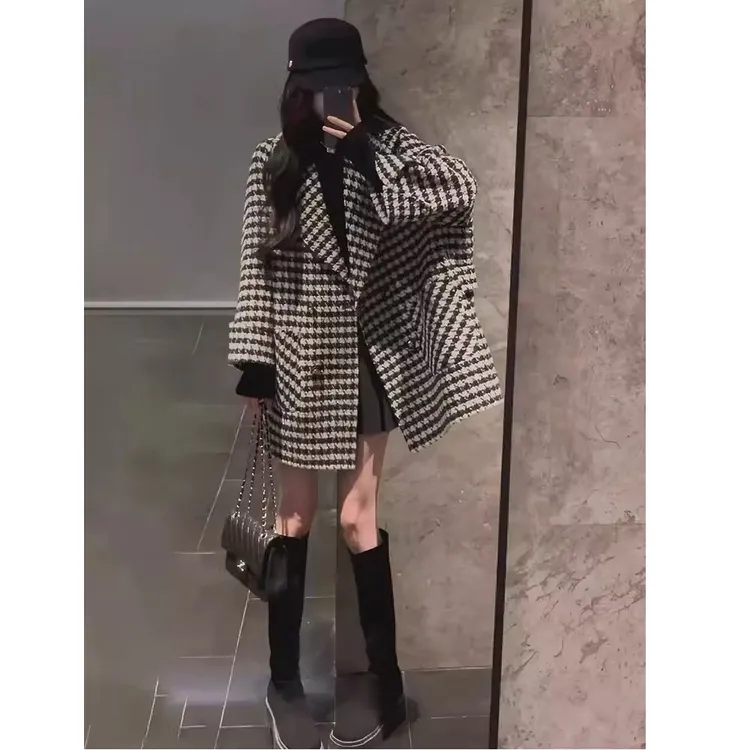 小香风秋冬季毛呢外套女2025新款高级感超好看千鸟格呢子宽松大衣