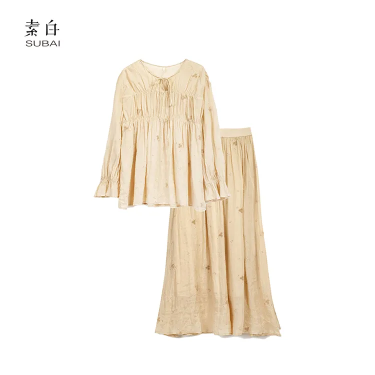 素白【清绣】春夏仙气减龄气质苎麻刺绣a版裙子套装SB2502TZ01250