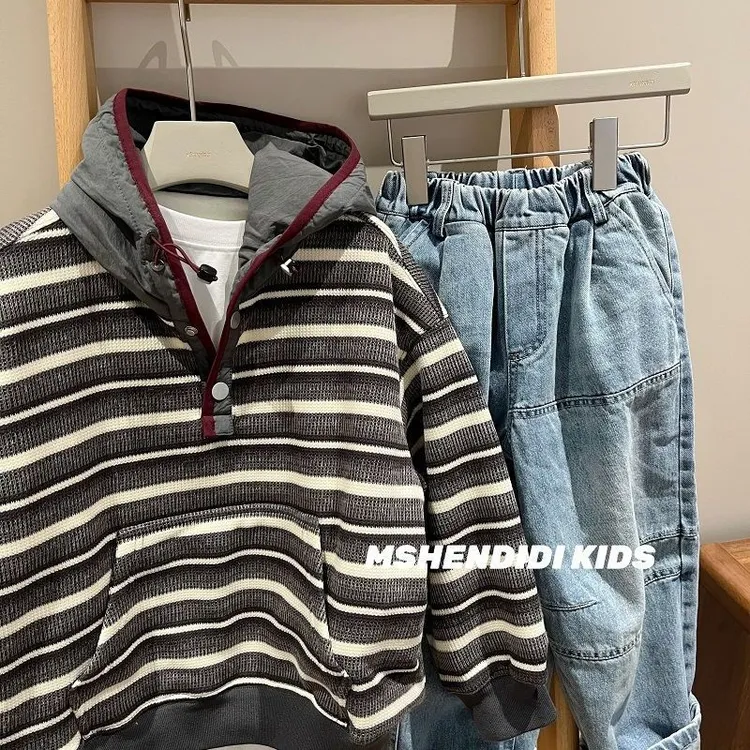 男童卫衣秋装儿童2025新款男孩爆款洋气时髦条纹连帽潮牌网红上衣