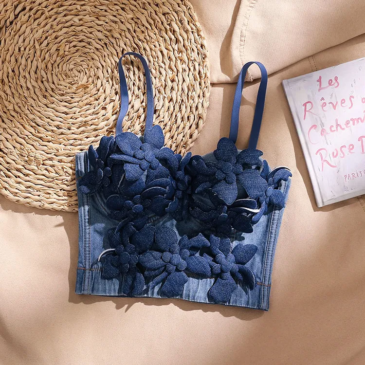 法式甜辣风立体花朵牛仔吊带背心女设计感显瘦抹胸上衣性感小众