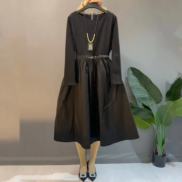 胖妹妹新款法式赫本风长袖收腰显瘦中长款气质纯色拼接连衣裙女装