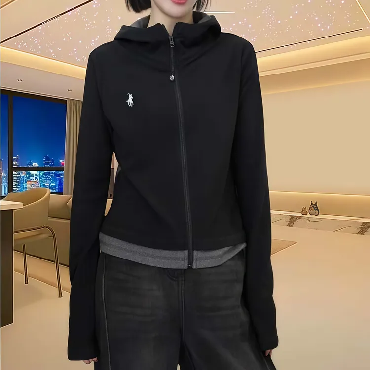 春秋新款刺绣长袖连帽开衫卫衣女士宽松遮肉气质休闲拉链大码上衣