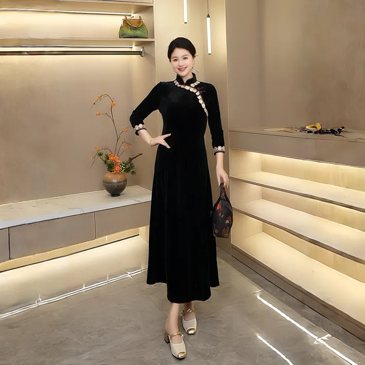 丝绒裙春秋冬款新中式新款百搭不褪色连衣裙女中长款休闲女旗袍裙