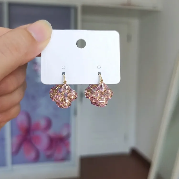 纯铜锆石耳饰 铜镀真金超闪粉色锆石耳环轻奢时尚大气百搭高级