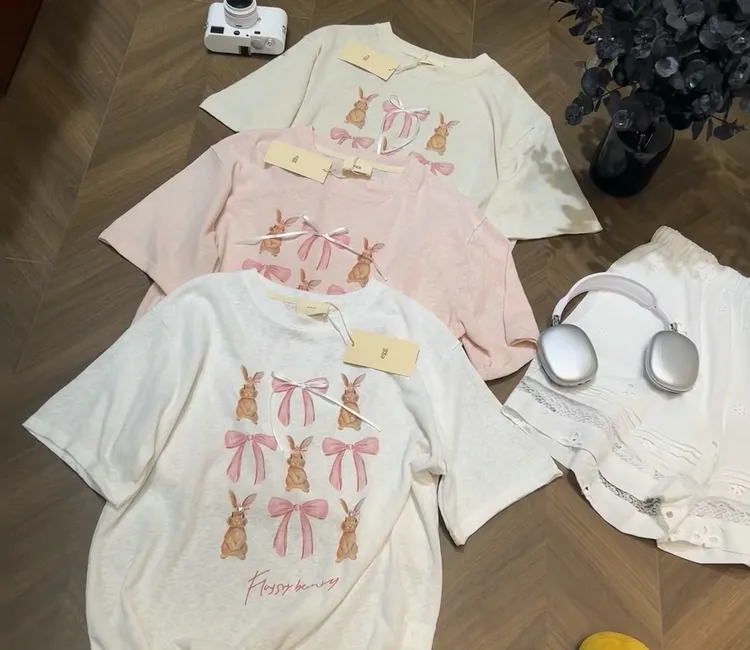 韩国egg鸡蛋家九宫格兔子雪花棉宽松短袖