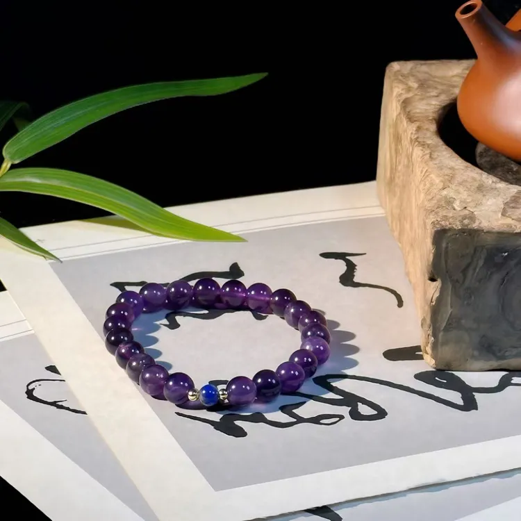 8mm葡萄紫天然紫水晶手链事业财富手链 百搭素圈叠戴女款