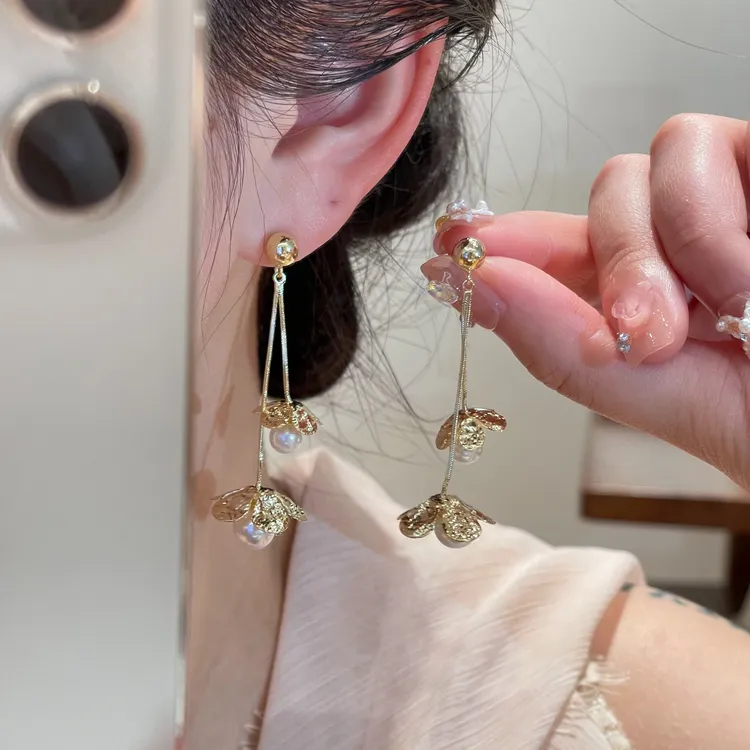 珍珠耳坠金花时尚百搭法式耳钉简约精致小众耳环R2820