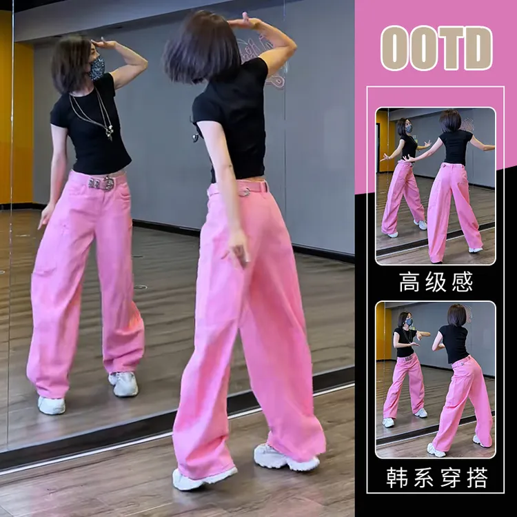 2025夏季纯欲风辣妹修身短袖T恤高腰宽松拖地裤酷女孩独特两件套