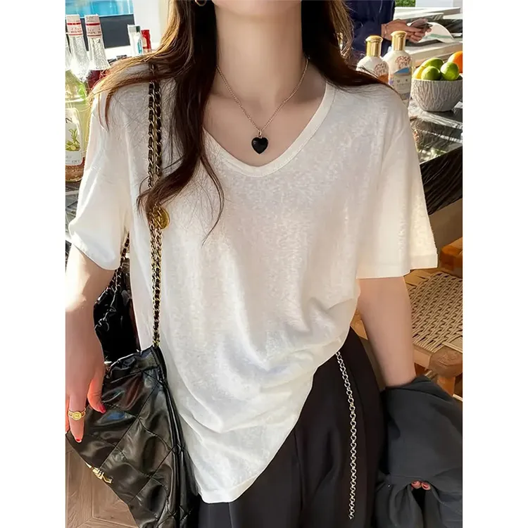 老钱风松弛感女装米白色v领短袖T恤夏季新款慵懒宽松显瘦休闲上衣