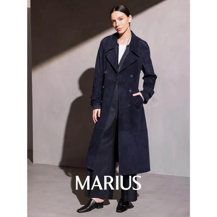 MARIUS【琥珀流光风】"古着皮衣"立体剪裁大女主双排扣风衣外套