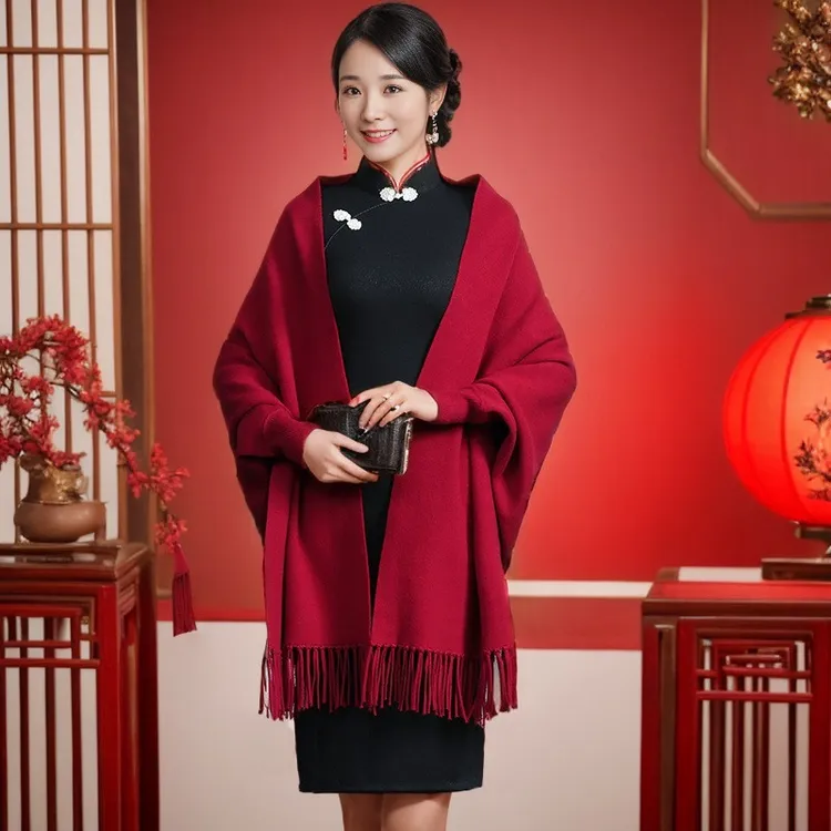 羊绒纯色披肩女喜婆婆妈妈配旗袍外搭斗篷婚宴礼服带袖秋冬外披女