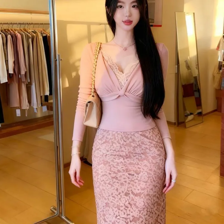 娇柔软玉 假两件长袖上衣蕾丝包臀半身裙女秋冬气质名媛两件套装