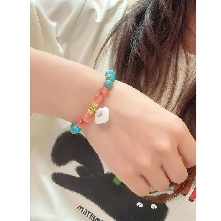 南红手链配白玉如意锁甜美清新可爱彩色小众