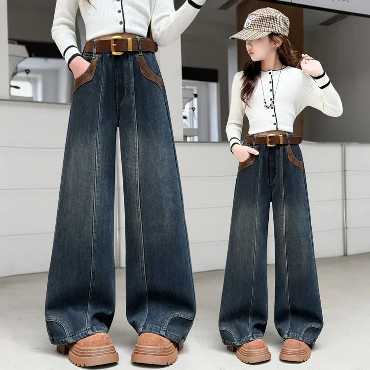 女童加绒牛仔裤秋冬装2025新款洋气中大儿童直筒阔腿裤休闲长裤子