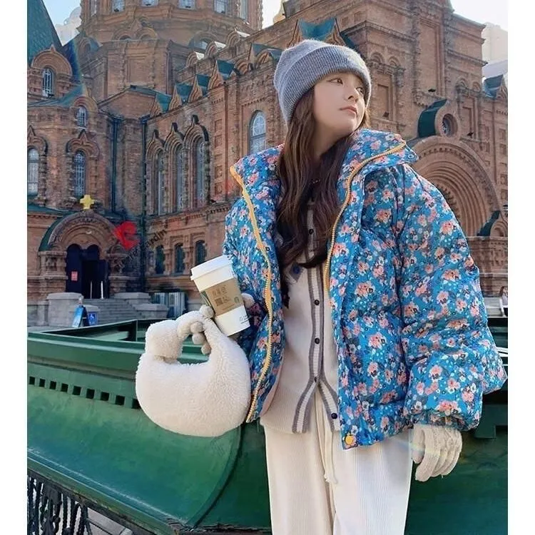 2025年秋冬季短款碎花丝棉服加厚保暖小个子面包服立领棉衣外套