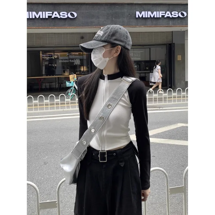 甜酷撞色插肩长袖上衣女秋冬修身拉链T恤外穿内搭短款开衫小外套