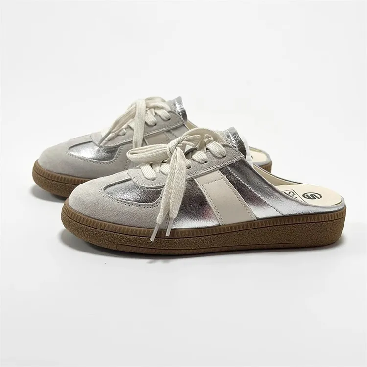 银色包头半拖鞋女2024夏季外穿一脚蹬懒人小白休闲德训鞋平底凉拖